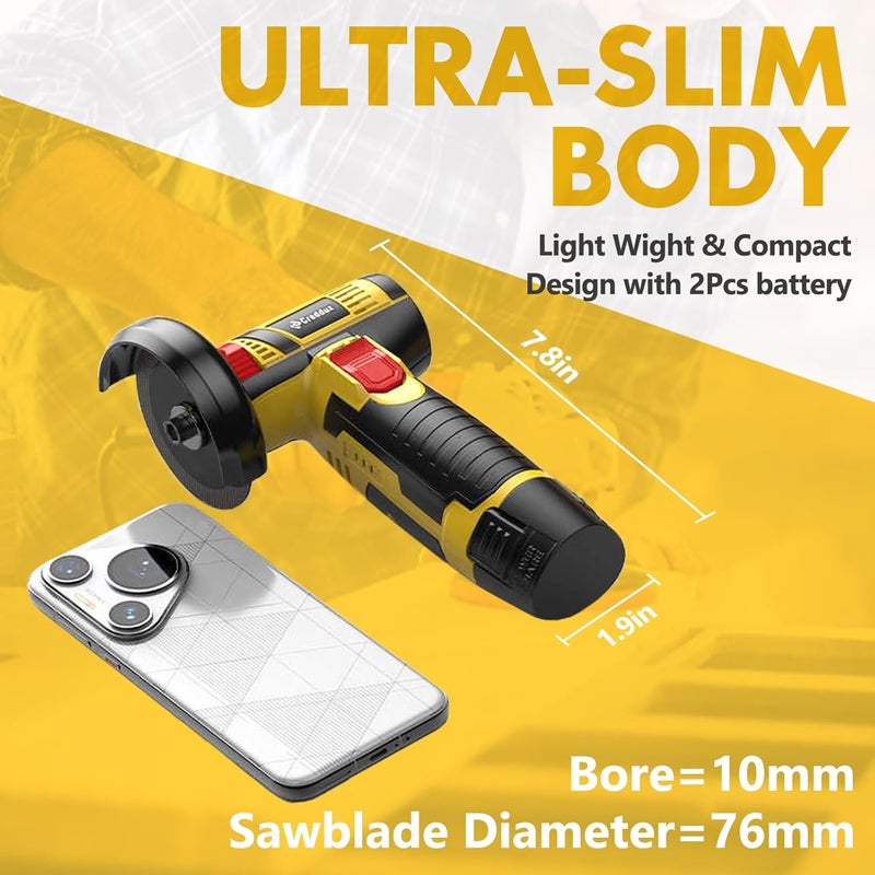 Creddux Cordless Angle Grinder, 3 Inch Mini Angle Grinder Tool With 2pcs 16.8V 2000mAh Batteries and 5 Grinding Wheel,19500rpm Metal Grinders for Cutting, Grinding and Polishing Yellow - Image 2
